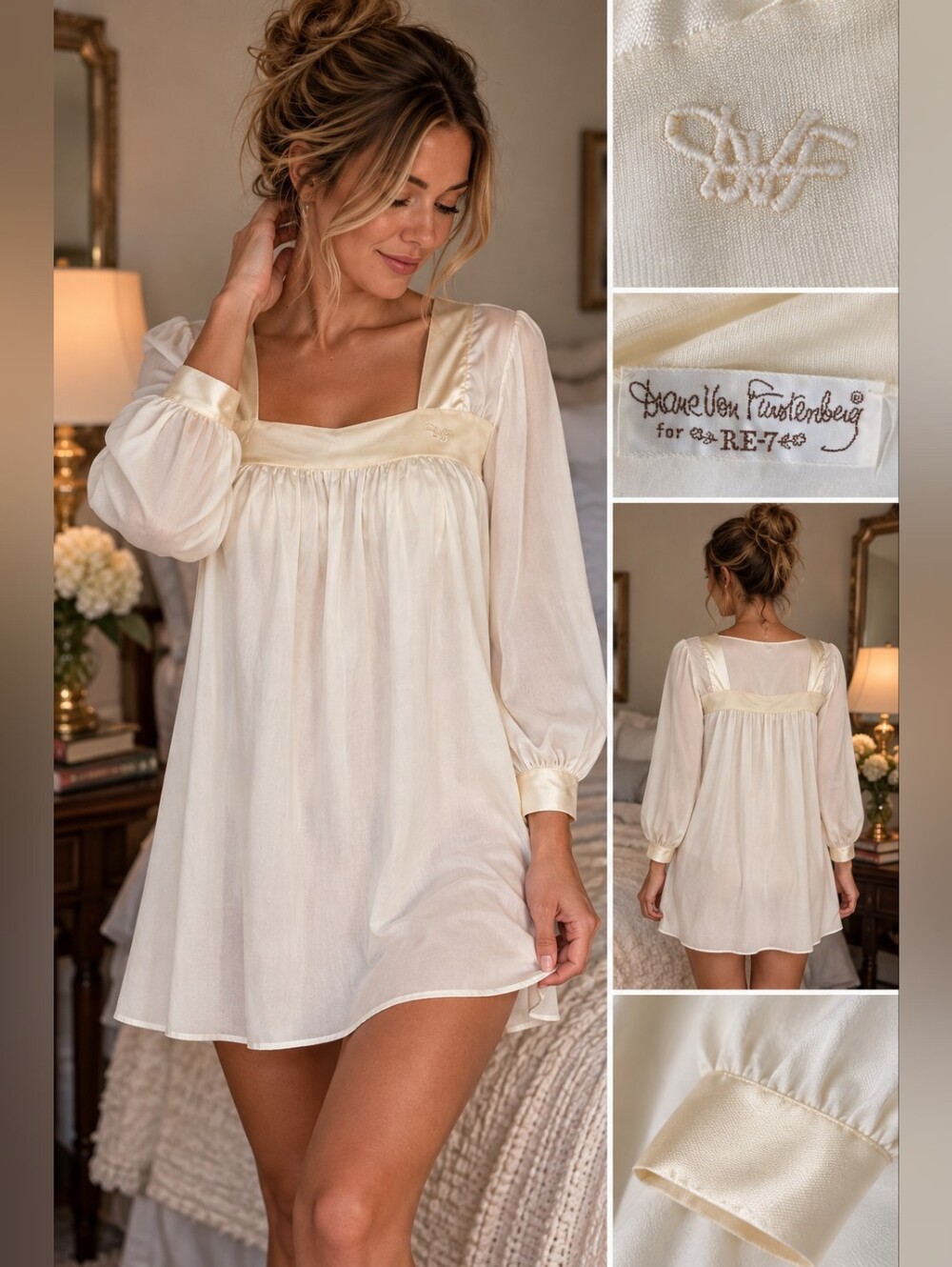 VINTAGE Diane Von Furstenberg DVF RE-7 Nightgown Ivory Satin 70s 80s Small EUC